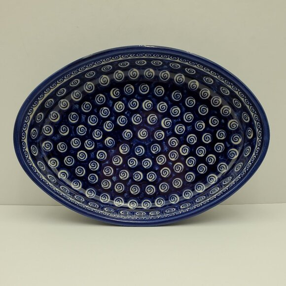 Polish Pottery Cobalt Swirl Oval Baker Zaklady Ceramiczne Oval Serving Dish - Picture 2 of 11